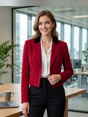Vintage Lauren Ralph Lauren Wool Women's Red Cropped Open Front Blazer
